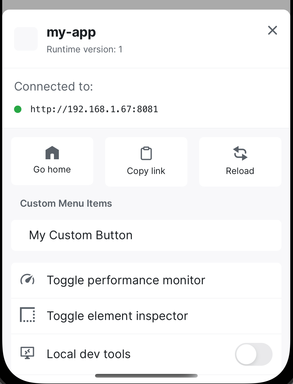An example of a custom menu button in expo-dev-menu