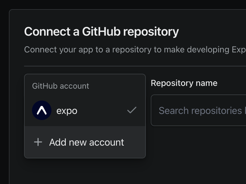 The account selector on the Expo project GitHub settings page